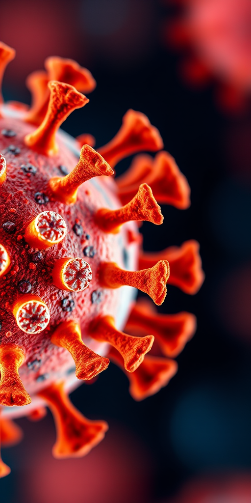 highly detailed close-up of a virus structure, vibrant orange and blue colors, macro lens, f/2.8 aperture, 100mm lens, ISO 200, soft focus background, professional DSLR camera