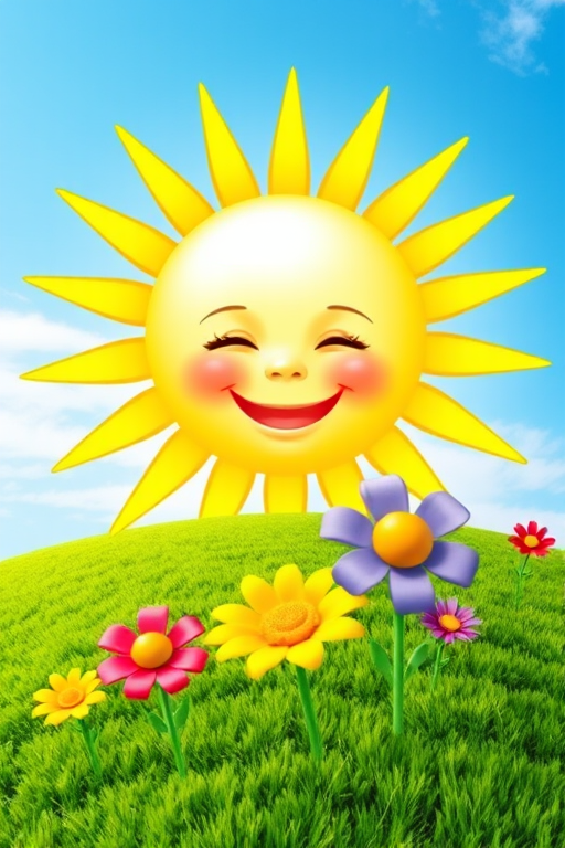 Create an image shows a bright, sun with a smiling baby's face in the center, radiating soft yellow rays. The sun is set against a clear blue sky with a few wispy clouds. Below, there's a lush green grassy hill with colorful, oversized flowers, giving the scene a whimsical, playful atmosphere.