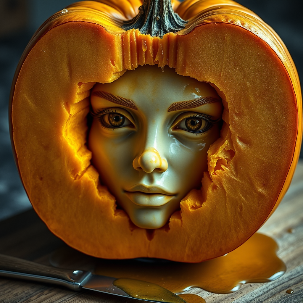 A hyperdetailed photorealistic macro color saturated high resolution image of a pumpkin cut in half, with the pumpkin pit being a highly detailed sculpted woman's face with her eyes open and pumpkin-colored irises. The face has a marble texture. The image includes condensation, moisture, and pumpkin juice. The pumpkin is on a wooden cutting board with a small fruit knife nearby, also covered with juice.