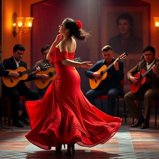 A vibrant scene of a Flamenco dancer in a flowing red dress gracefully performing in front of a group of musicians playing guitars, with dramatic lighting and an atmosphere filled with passion, captured with a DSLR camera, 50mm lens, f/1.8 aperture, ISO 100, soft focus background, and natural light to enhance colors and details.