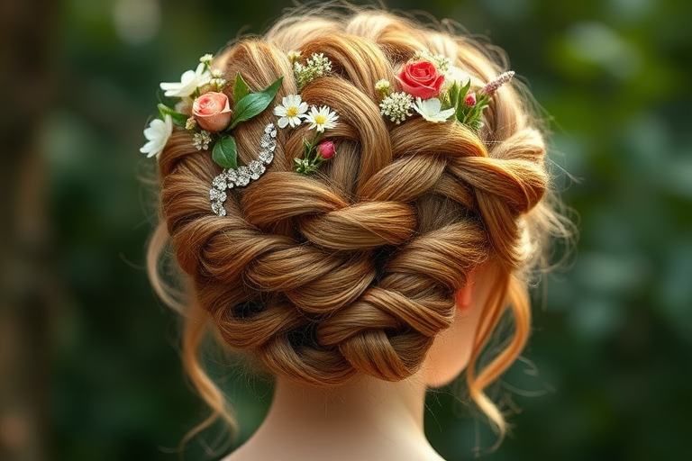 Regal golden-brown updo adorned with intricate braids and delicate floral accessories, reminiscent of a woodland fairy queen's crown in the enchanting "Forest Royalty" hairstyle