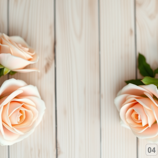 Create a high-resolution image of a wooden background with soft pastel roses on each side, captured with a DSLR camera at f/2.8 aperture, ISO 100, 24mm focal length, using a shallow depth of field for a blurred background effect.