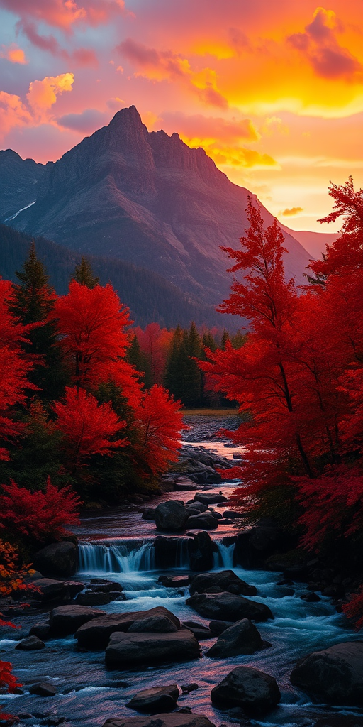 Create a vivid fantasy landscape featuring striking red foliage on trees, majestic mountains in the background, a waterfall cascading over rocks, and a serene river flowing through the scene during sunset with dramatic sky colors, shot with a Canon EOS R5 at f/8, ISO 100, 24mm focal length, in a wide-angle view, using a high dynamic range imaging style.