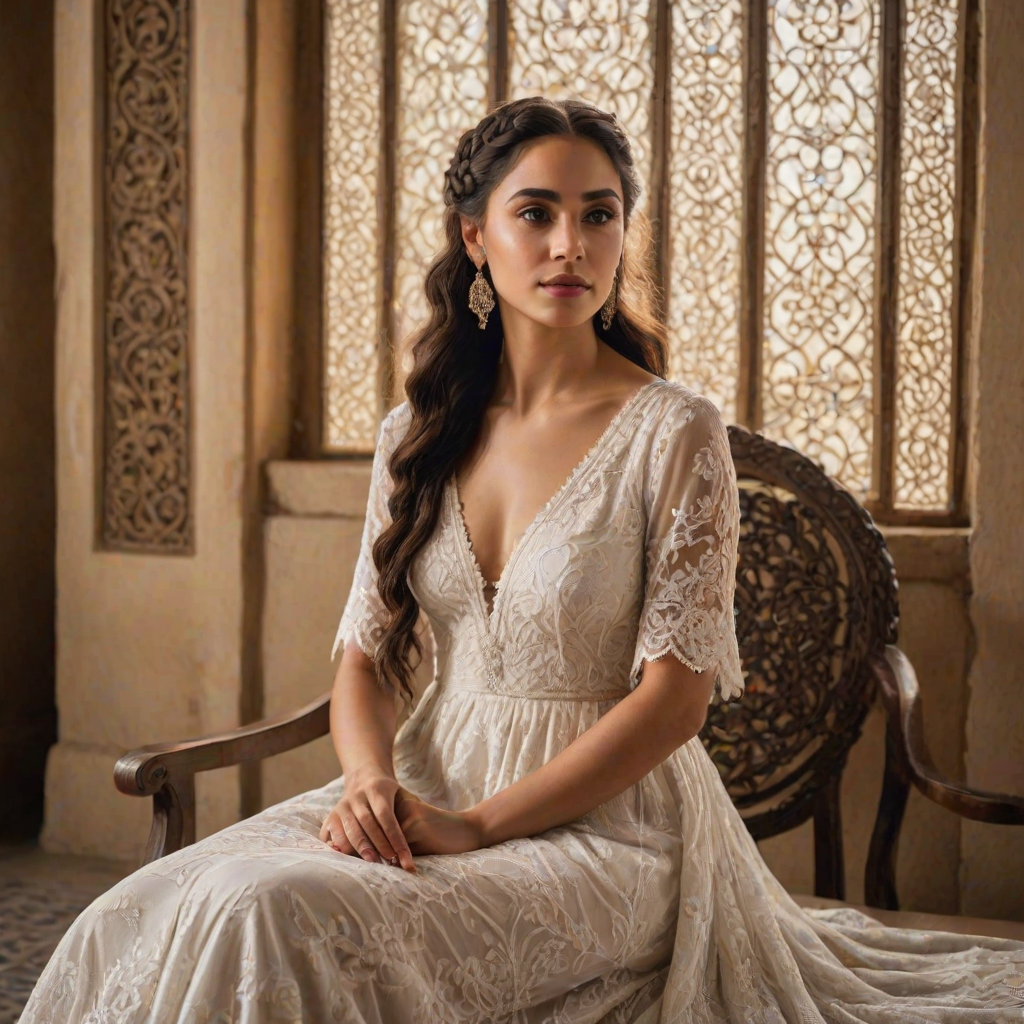 Create a portrait of a refined and elegant Coptic woman seated in a sophisticated setting. She has long, wavy hair styled in two thick braids that are pulled over her shoulders. She wears a white, lace gown with intricate patterns, featuring a deep V-neckline and short sleeves. The dress exudes a vintage charm with its delicate lacework. She is adorned with ornate, dangling earrings that add a touch of glamour to her appearance. The background is softly lit, with warm, ambient lighting that creates a cozy and inviting atmosphere. Her expression is poised and serene, capturing a sense of grace and elegance.