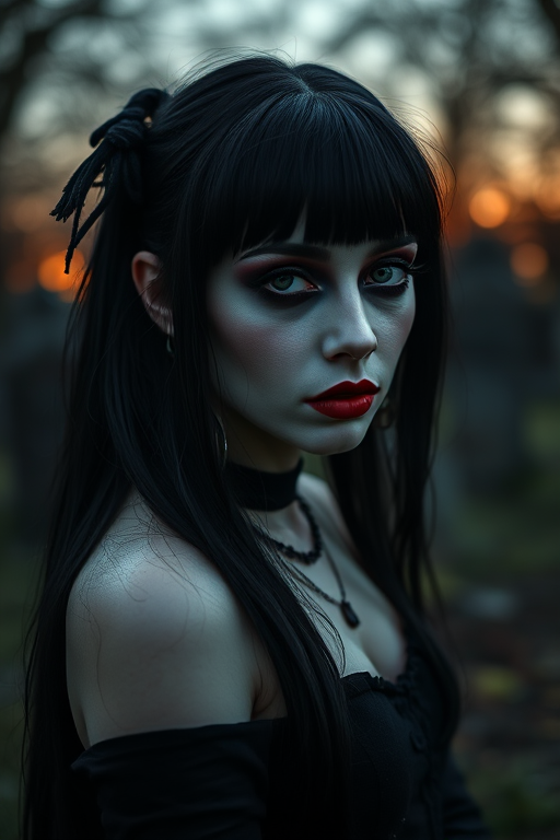 Create a dark, atmospheric portrait of a gothic woman with striking black hair and pale skin, wearing dark makeup with red accents, in a graveyard setting during twilight, capturing soft bokeh in the background and using a DSLR camera, 85mm lens at f/1.8, ISO 200, shutter speed 1/200 sec, with a moody color palette and dramatic lighting to enhance details and textures.