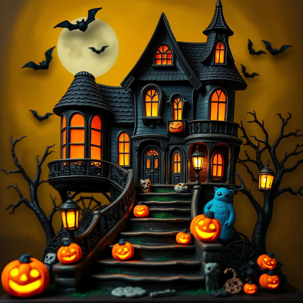 airbrushed oil painting, halloween theme, a haunted house, stairs, highly decorated, illuminated, lanterns, jack o'lantern, bats, webcobs