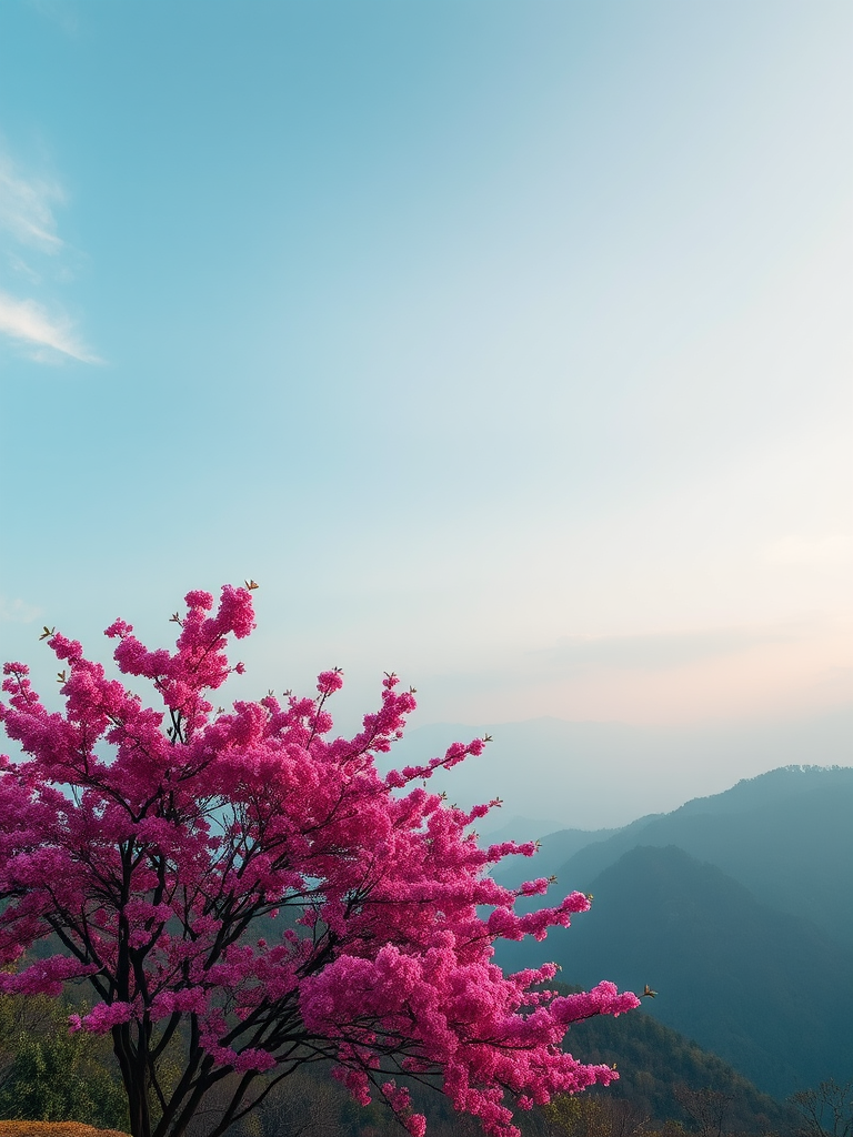 Regenerate the image of a serene landscape featuring a vibrant pink blossom tree in the foreground, with misty mountains in the background and soft clouds in the sky, captured using a DSLR camera at f/8 aperture, ISO 100, 24mm lens, with a wide-angle perspective and soft lighting for enhanced image quality.