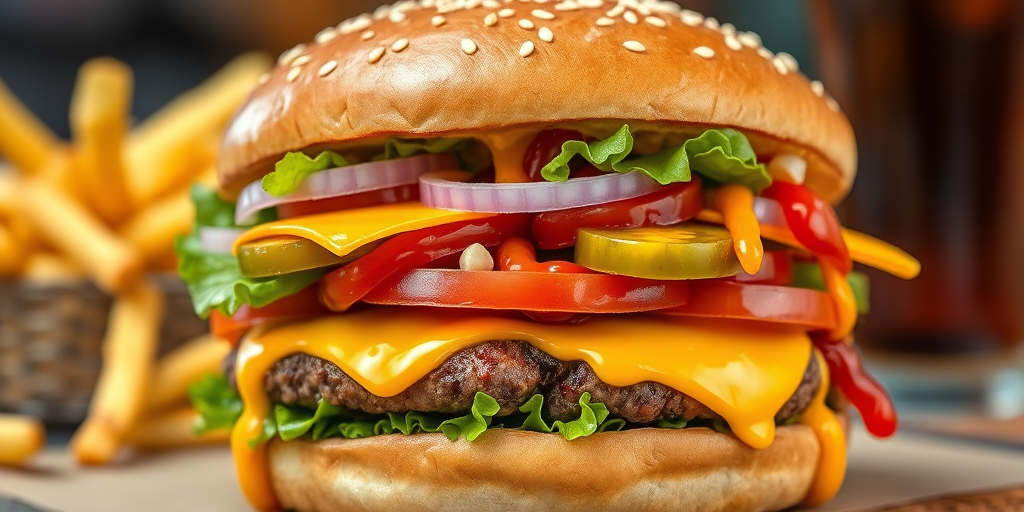 High-resolution, close-up image of a gourmet double cheeseburger. The burger features a glossy, sesame-seed-topped brioche bun. Inside, there are two thick, juicy beef patties, each topped with melted cheddar cheese. The burger is garnished with fresh lettuce, tomato slices, diced onions, and pickles. A generous amount of ketchup and a creamy, orange-colored sauce is dripping down the sides, adding to the mouth-watering appeal. In the background, there are blurred elements including a side of golden French fries and a hint of a beverage, enhancing the overall presentation of a delicious meal.