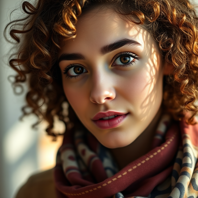 portrait of a young woman with curly hair wearing a patterned scarf, soft natural lighting, depth of field, ISO 100, aperture f/1.8, 50mm lens, taken with a full-frame DSLR camera, warm tones.