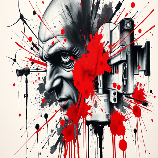 Trash polka style tattoo named "Urban Chaos" combining realistic black and grey elements with abstract splashes of vivid red ink to create a dynamic and edgy composition