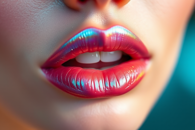 Ethereal iridescent "Mermaid's Whisper" lip topper transforms any lip color with a magical, color-shifting finish, creating a captivating play of light on smooth lips