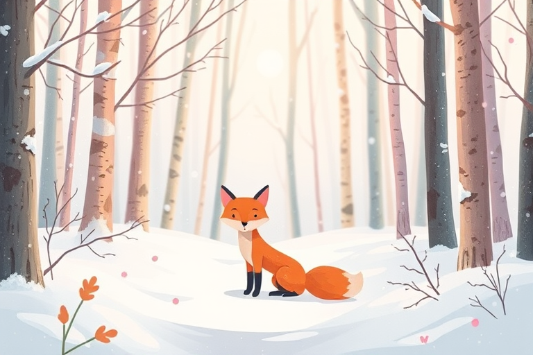 Create a whimsical illustration of a fox in a snowy forest, with soft pastel colors and a cozy atmosphere, captured in a high-resolution digital format, using a Canon EOS R5 camera with an aperture of f/4, 35mm lens, shooting in natural light from a slightly elevated perspective to enhance depth and detail.