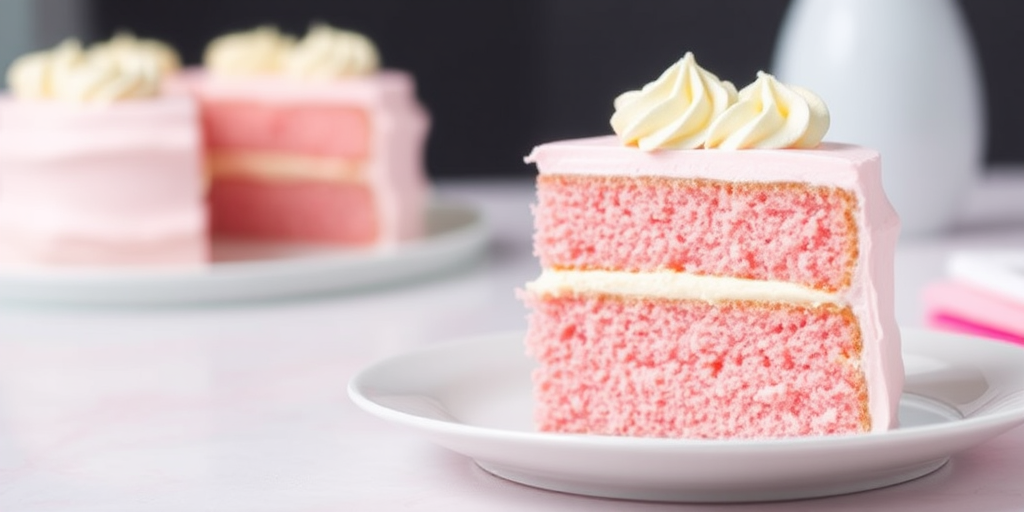 A slice of pink cake with layers of soft sponge and creamy frosting displayed on a white plate with a blurred background of more cake slices and a pastel color theme.