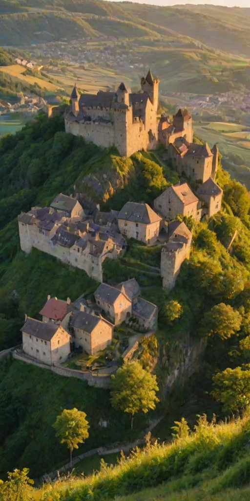 a picturesque hillside village with ancient stone buildings, lush greenery, and a dramatic castle overlooking the landscape during golden hour sunlight