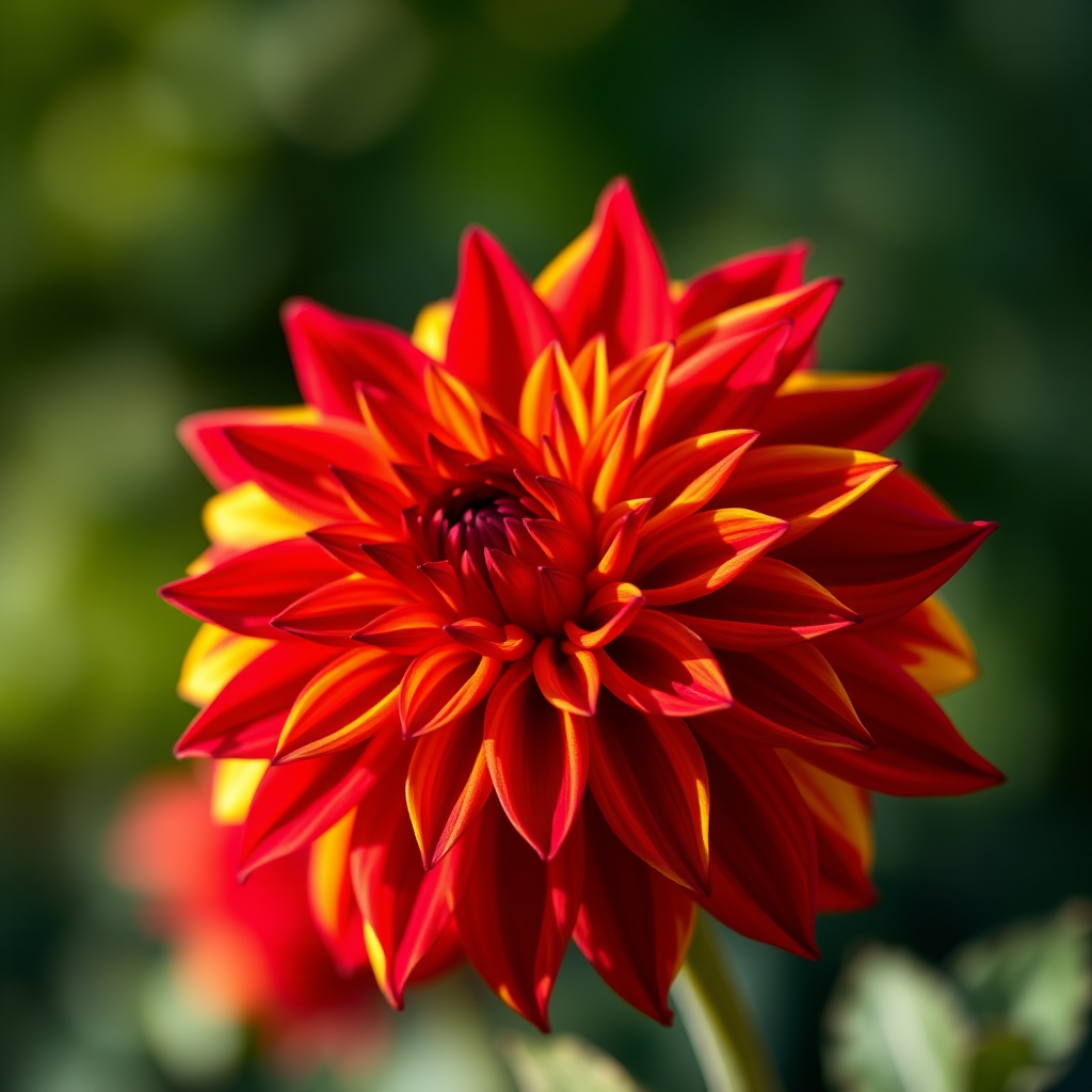 Close-up of a vibrant red and yellow dahlia flower in soft focus background, using a Canon EOS 5D Mark IV, 50mm lens, f/2.8 aperture, 1/200s shutter speed, natural lighting, shallow depth of field.