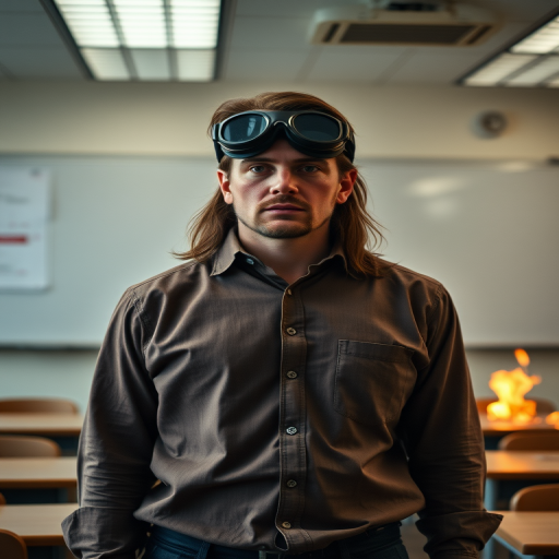 (cinematic, full body shot, teacher standing  in classroom, classroom white board in the background,  realistic skin, natural features, Phantom High Speed Camera, style raw) ,looking to the viewers, mudapocalyptic, goggles, fire.