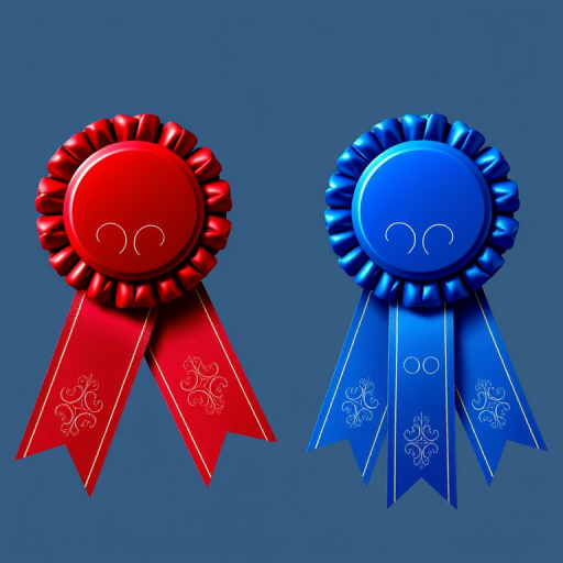 Create a high-resolution digital illustration of two award ribbons, one blue and one red, with intricate scrollwork and shiny surfaces, using a Canon EOS R5 camera, 50mm lens, f/8 aperture, 1/125s shutter speed, and soft natural lighting for enhanced detail and color vibrancy.