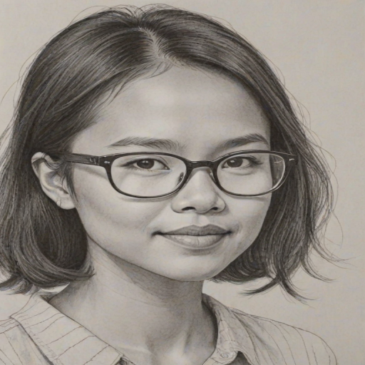 Radiant Charlyne Yi, pencil sketch, portrait of Delightful woman 1959s in glasses, hair style beatnik, outline, clear lines, fine lines, 8k