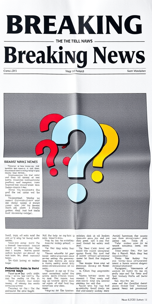 Create an image of a newspaper with a bold headline "Breaking News" at the top, featuring an eye-catching colorful graphic of question marks in the center, with a clean and modern design, taken with a Canon EOS R5, 50mm lens, f/1.8 aperture, 1/200 shutter speed, in natural light, high resolution.