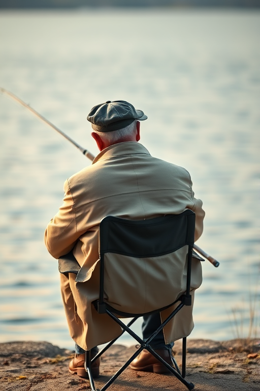 A serene lakeside scene featuring an elderly man fishing, wearing a beige coat and cap, sitting on a folding chair with a fishing rod, soft focus, natural lighting, 50mm lens, aperture f/2.8, ISO 100, shallow depth of field, high-resolution, vibrant colors.