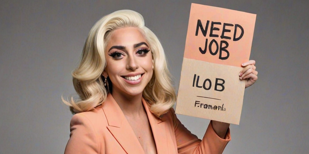 caricature of a smiling Lady Gaga in a Peach dress or suit, holding up a sign that says "NEED A JOB", no watermark,