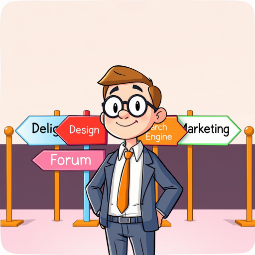 Create a colorful illustration of a cartoon man in a suit standing in front of various directional signs labeled Analytics, Blog, Design, Forum, Search Engine, and Marketing, using a high-resolution digital drawing style, with a soft focus background, in a 4K resolution, shot from a slight low angle to enhance the character's stature.
