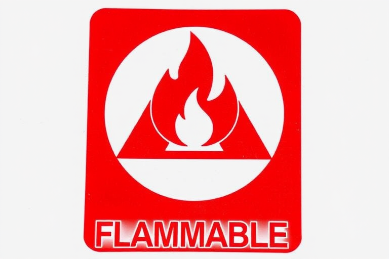 Create an image of a red flammable hazard symbol featuring a flame icon and the word "FLAMMABLE" in bold, with a camera view from the front, using a DSLR camera with a 50mm lens, aperture set to f/2.8, ISO 100, and a shutter speed of 1/200s to enhance clarity and detail.