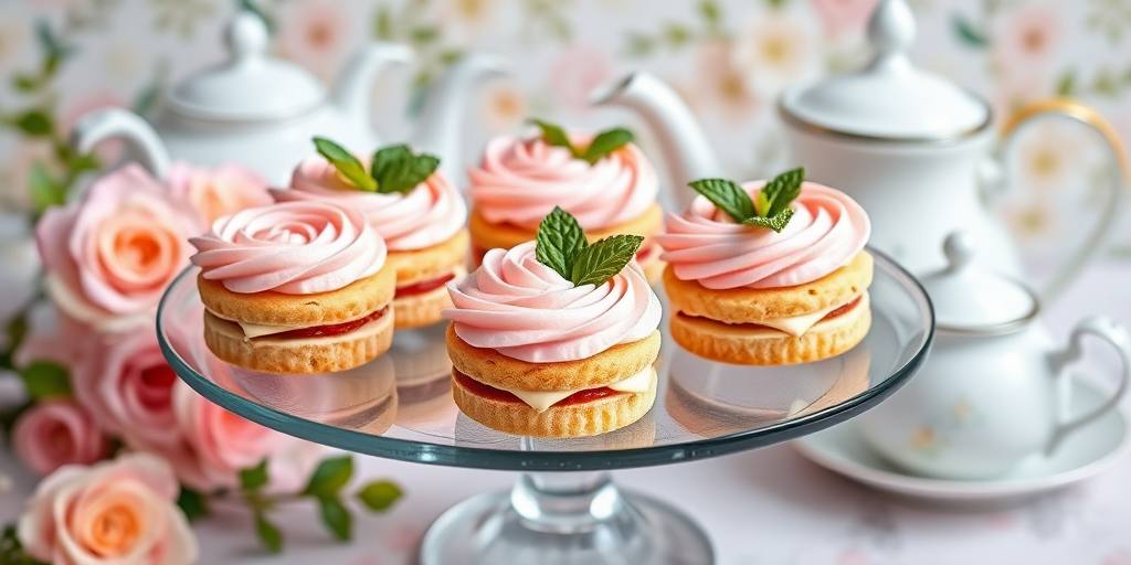 Create an image of a clear glass cake stand displaying several small layered cakes with pink frosting shaped like roses on top and fresh mint leaves as decoration surrounded by a soft floral background and a delicate tea set in the scene.