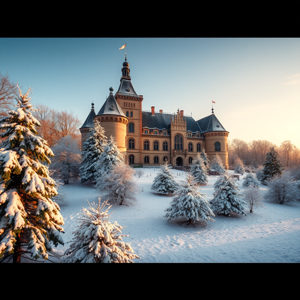 winter landscape of a historic castle with snow-covered grounds and trees, soft morning light, golden hour, camera settings: aperture f/8, shutter speed 1/125s, ISO 200, camera view: wide-angle, camera style: landscape photography, camera type: DSLR