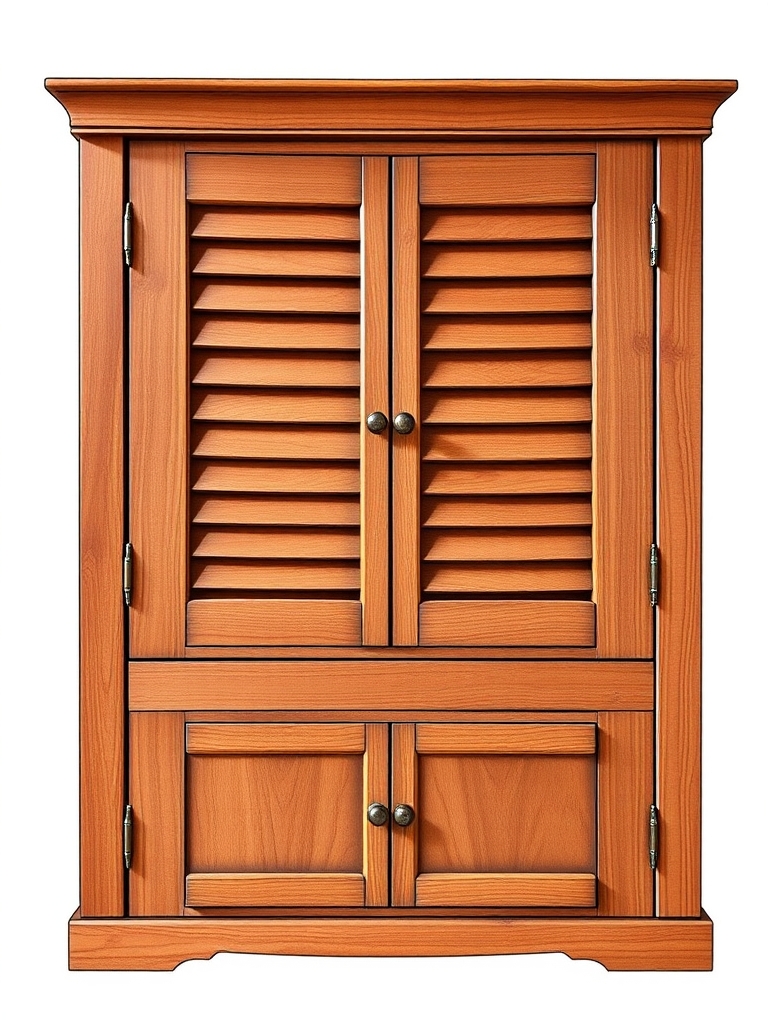 Create a detailed illustration of a wooden cabinet with a rich mahogany finish, featuring two doors with horizontal slats, a decorative bottom drawer, emphasize the grain texture, use a DSLR camera with a 50mm lens, f/1.8 aperture, ISO 100, shot from eye level in natural light for a warm ambiance.
