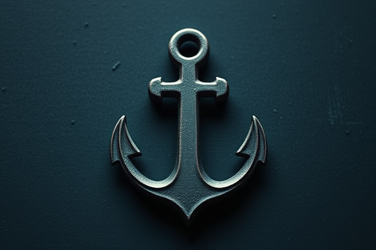 Regenerate the image of an anchor symbol, using a DSLR camera with a 50mm lens, aperture set to f/1.8 for a shallow depth of field, ISO 100 for optimal clarity, and a slight top-down angle to enhance the visual impact against a contrasting background.
