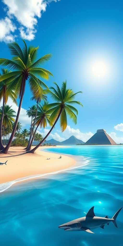 Generate a vibrant digital illustration of a tropical island with tall palm trees, sandy beaches, and two pyramids in the background, with a bright sun in a clear blue sky, include a calm ocean with subtle waves and a couple of sharks finning near the shore, shot with a DSLR camera at f/8 aperture, 1/200 sec shutter speed, and ISO 100, with a wide-angle view for enhanced depth and clarity.