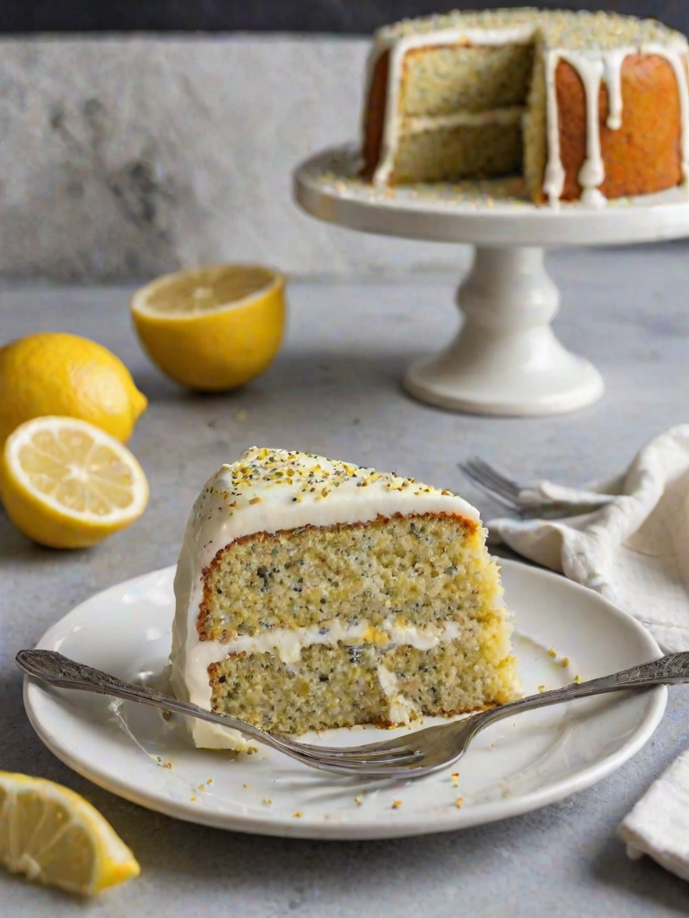 Create an image of a slice of lemon poppy seed cake with a moist, fluffy texture. The cake should have a light yellow color, dotted with black poppy seeds, and be generously layered with a creamy lemon frosting. The background should be simple and elegant, enhancing the cake's appeal.