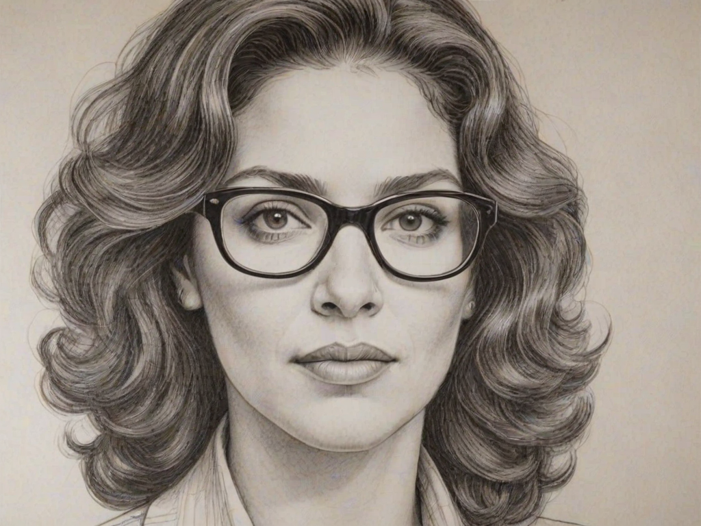 Fetching Aida Turturro, pencil sketch, portrait of Attractive woman 1970s in glasses, hair style beatnik, outline, clear lines, fine lines, 8k