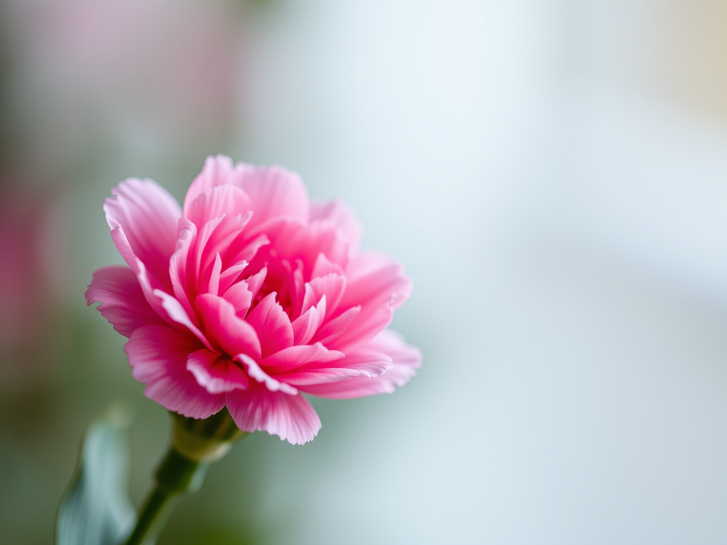 Regenerate a close-up image of a pink carnation flower with soft focus background, using a DSLR camera, aperture f/2.8, shutter speed 1/200 sec, ISO 100, and a 50mm lens.