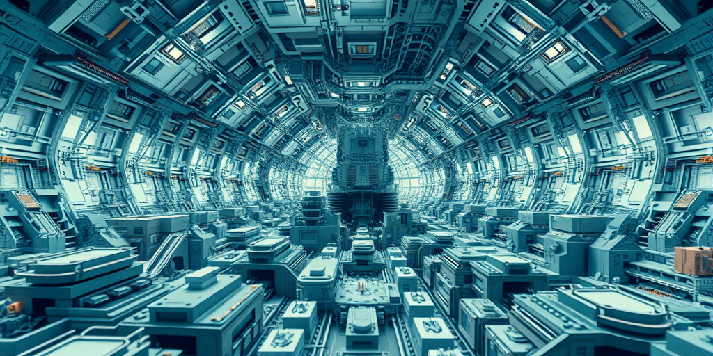Create a high-resolution 3D fractal image of an intricate mechanical cityscape with layered geometric patterns, viewed from a low-angle perspective using a DSLR camera at f/8 aperture, ISO 100, and 24mm focal length for depth and clarity.