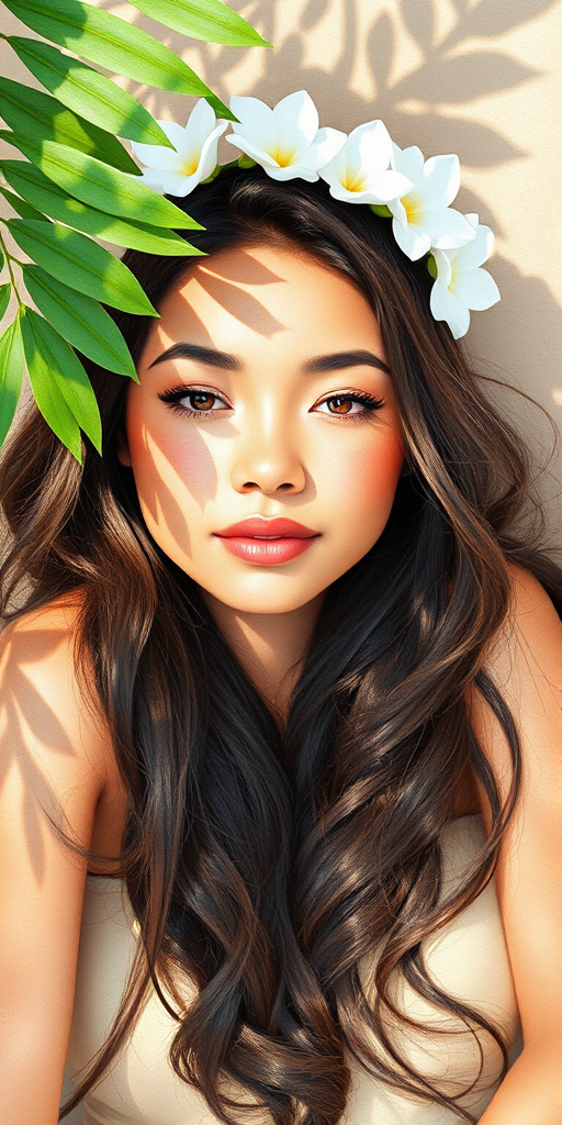create a watercolor painting of an ethereal portrait of beautiful Hawaiian woman with a simple white flower crown on her head. Her hair is long and she is lying on the ground. The sunlight on the trees casts shadows from the leaves on her face and body. The background is a neutral brown color that matches her skin tone. The image is minimalist and solid colors. This style is characterized by soft, delicate brushstrokes and a light, airy, contrasting color palette. High level of detail and play of light