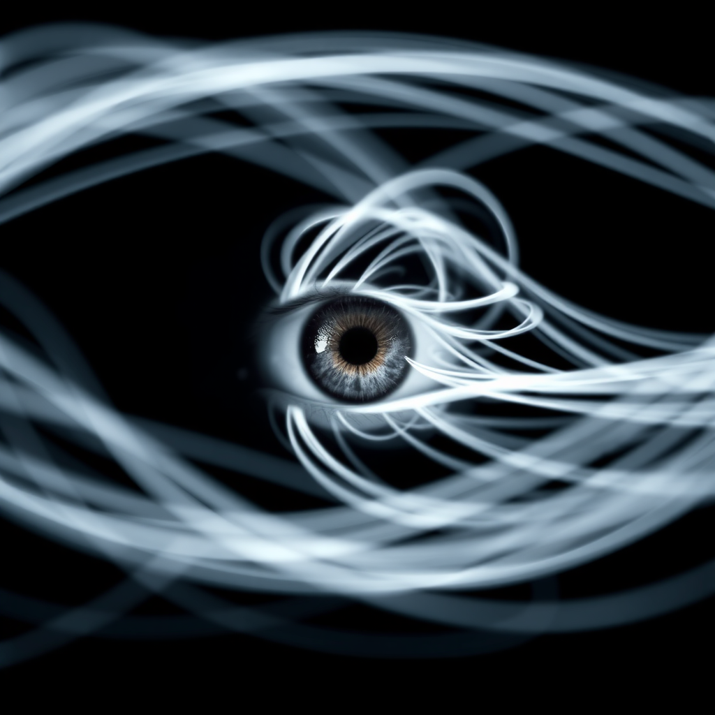 Create an abstract image of an eye surrounded by dynamic white lines on a black background, captured with a DSLR camera at f/2.8 aperture, ISO 100, 50mm lens, with a shallow depth of field and soft focus effect.