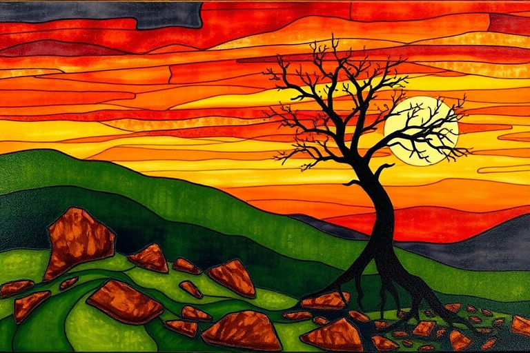 A vibrant abstract painting on Tiffany Glass, blending acrylic and alcohol ink techniques, captures a dramatic sunset over rolling hills. The artwork features a textured, rocky foreground in green and brown, layered abstract hills, and a striking sunset in rich oranges, yellows, and reds. A solitary black tree with intricate branches contrasts against the fiery sky, creating a dynamic and expressive portrayal of a breathtaking natural scene.