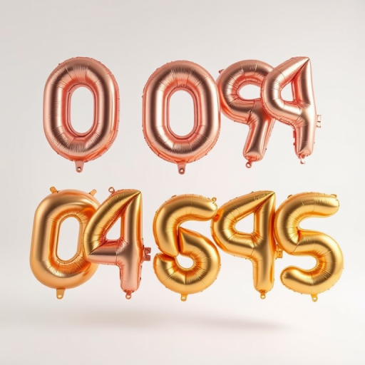 Generate an image of shiny metallic balloons shaped like the numbers 0 to 9 in rose gold and gold colors, arranged in two rows with the rose gold numbers on top and the gold numbers below, using a DSLR camera with a 50mm lens at f/2.8 aperture, ISO 200, and a 1/125 shutter speed, with a bright and well-lit studio setting.
