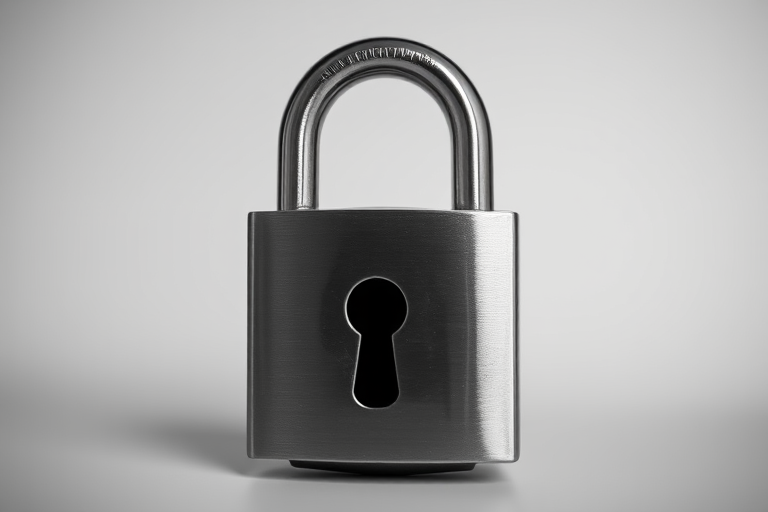 Create an image of a shiny padlock with a keyhole, captured with a Canon EOS R5 camera, 50mm lens, f/1.8 aperture, ISO 100, 1/200s shutter speed, in a soft diffused light setting on a monochromatic background for enhanced contrast and clarity.