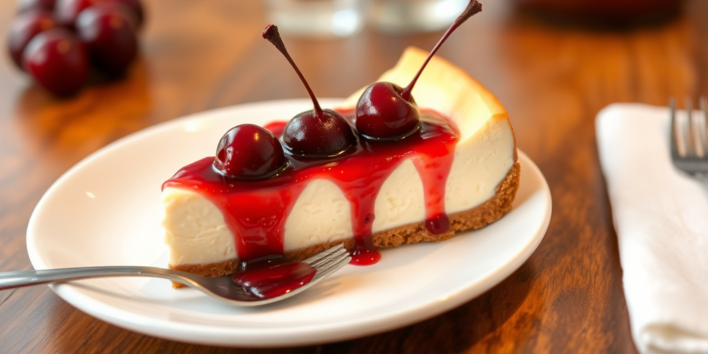 A delicious slice of cheesecake with a creamy filling and a graham cracker crust topped with shiny cherries and a glossy cherry sauce on a plate with a fork beside it, set on a wooden table with a white napkin.