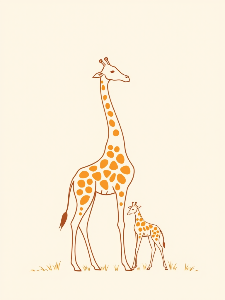 Create a minimalist line drawing of a giraffe and its calf, with smooth curves and organic shapes, incorporate warm earth tones on a soft pastel background, using a DSLR camera with a 50mm lens, aperture set to f/1.8 for shallow depth of field, 1/200 sec shutter speed, and ISO 100 for optimal clarity.