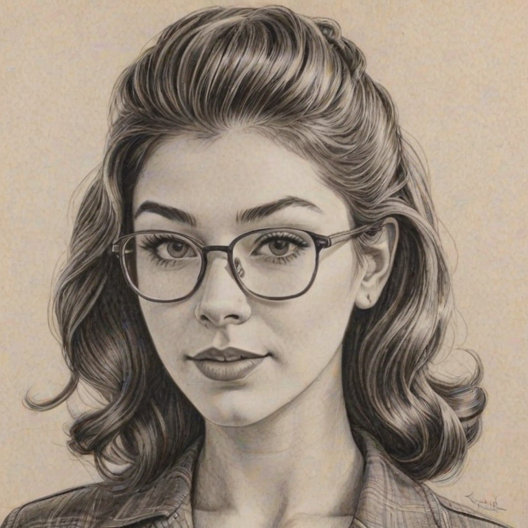 Attractive Kira Kosarin, pencil sketch, portrait of Radiant woman 1947s in glasses, hair style beatnik, outline, clear lines, fine lines, 8k