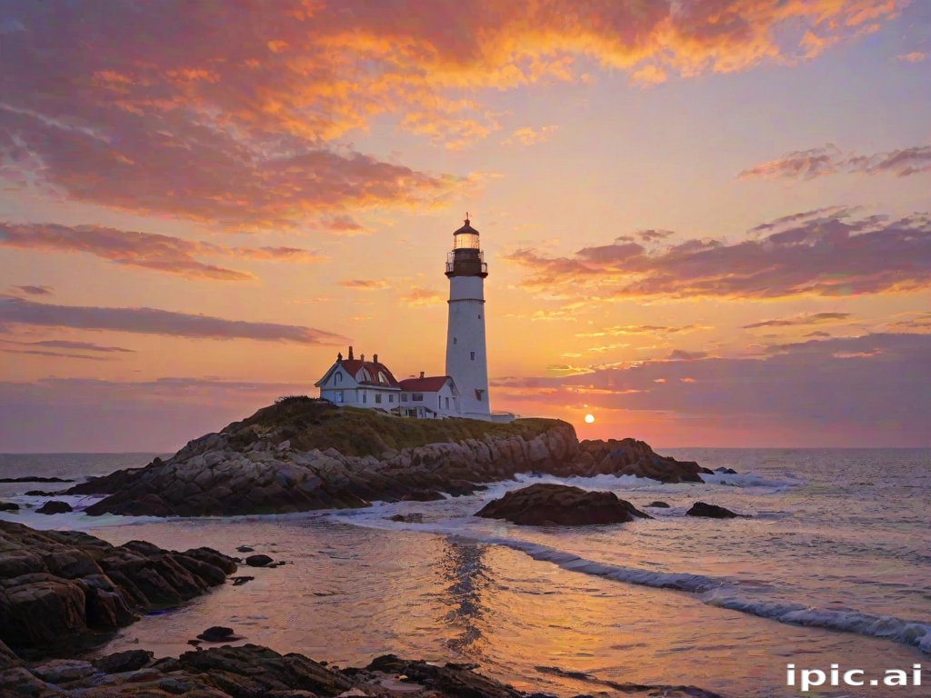 Generate an image of a tall lighthouse perched on a rocky outcrop surrounded by calm ocean waters during a breathtaking sunset. The lighthouse stands sturdy and weathered, its stone surface illuminated by the warm golden light of the setting sun. The sun's rays pass directly through the glass lantern room at the top of the lighthouse, casting a brilliant light across the scene. The sky is painted with vibrant shades of orange, pink, and purple, reflecting off the tranquil sea. The surrounding water shimmers with the same warm hues, creating a serene and majestic atmosphere.