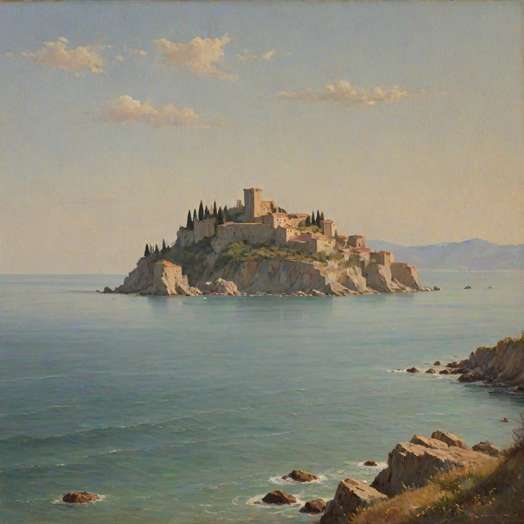 (italian seascape,sea),distant small mediaval italian castle,soft colours,