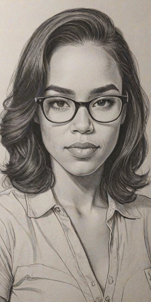 Pleasing Jessica Camacho, pencil sketch, portrait of Gorgeous woman 1944s in glasses, hair style beatnik, outline, clear lines, fine lines, 8k