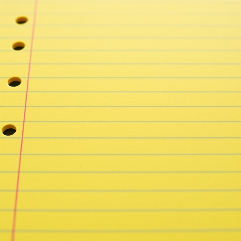 Create an image of a slightly tilted yellow lined notebook paper with perforation holes, shot with a Canon EOS 5D Mark IV at f/4, ISO 100, 50mm lens, using natural daylight for a clean and vibrant appearance.