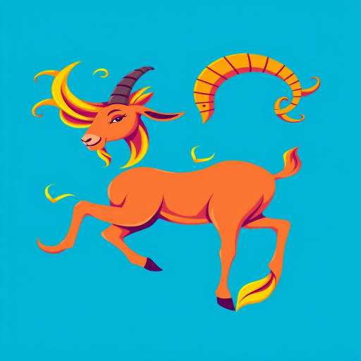 Create a vibrant illustration of a Capricorn symbol featuring a stylized goat with flowing curls and a fish tail in a bright blue background, using a Canon EOS 5D Mark IV, 50mm f/1.8 lens, f/8 aperture, ISO 100, and soft box lighting for enhanced detail and clarity.