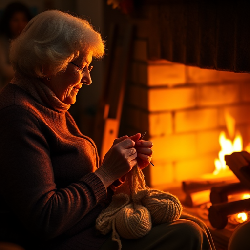 Warm, softly lit image of a grandmother knitting by the fireplace, soft glow from the fire casting warm shadows on the walls, the smell of wool and burning wood filling the air, a peaceful, quiet atmosphere captured.
